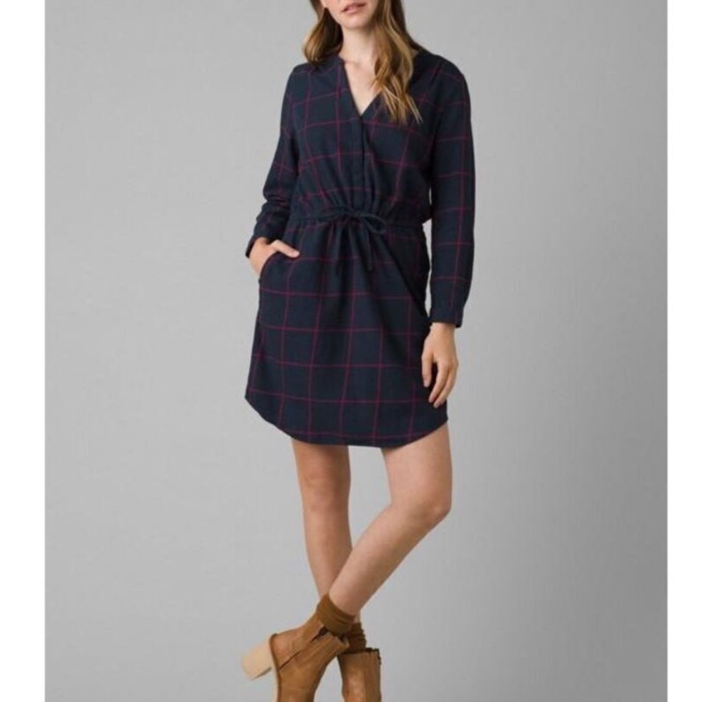 Prana Loop to Pines Dress Plaid Flannel Medium NWT Navy Blue